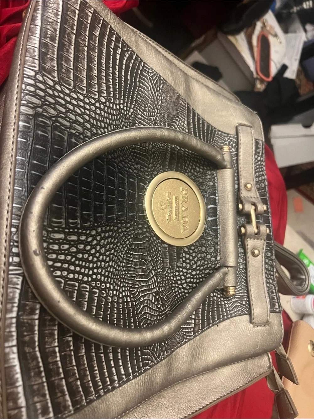 Prada Metallic Black Croc-Embossed Satchel with Gold Medallion